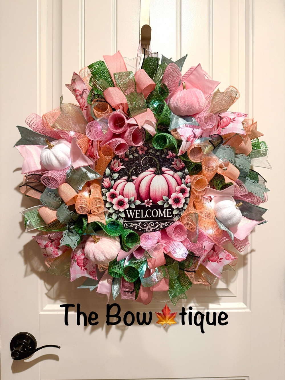 Handmade Pink Welcome Pumpkin Ribbon Welcome Door Wreath Fall Leaf 22 in LED W21